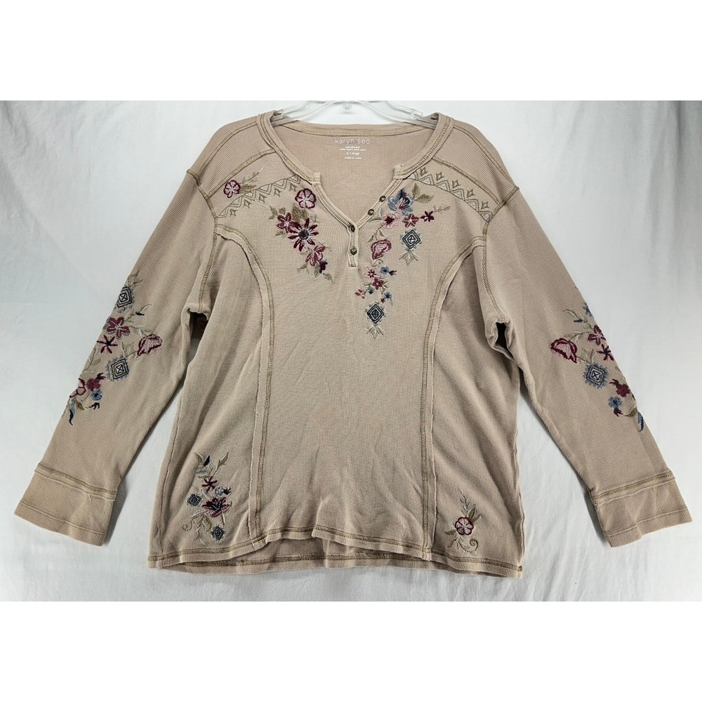Karyn Seo Floral Embroidered Waffle Knit Henley Top Beige XL Cotton Long Sleeve